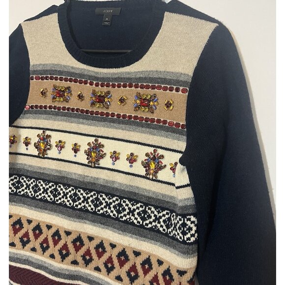 J CREW Women’s 100% Wool Fair Isle Stripe Sweater Medium Size Blue Rhinestone - Picture 8 of 9